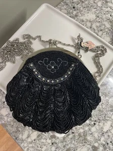 Betty Boop schwarz Satin Perlen Schulter Handgelenktasche Ausgehen Handtasche Abschlussball Hochzeit - Bild 1 von 6