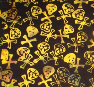13" x 42" Batik Skulls Crossbones Pirates Golden Bones on Black Cotton Fabric
