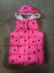 Double Deer Vest Girl’s Size L Puffy Quilted Hood Pink With Blue Dots-soft EUC - Picture 1 of 8