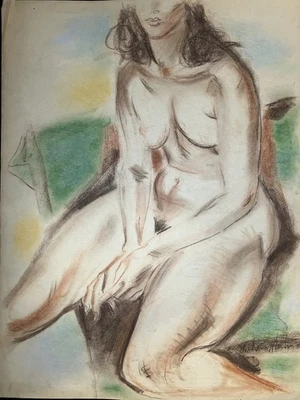 Figura femenina sentada - Bertram Hartman - Conte y pastel - Arte 20 - Modernista de Nueva York Foto 1 de 4