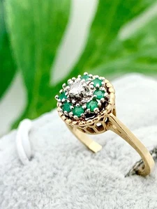 14K Gold Emerald Diamond Ring- Vintage- .25TCW Emerald-Cocktail Cluster - Picture 1 of 9