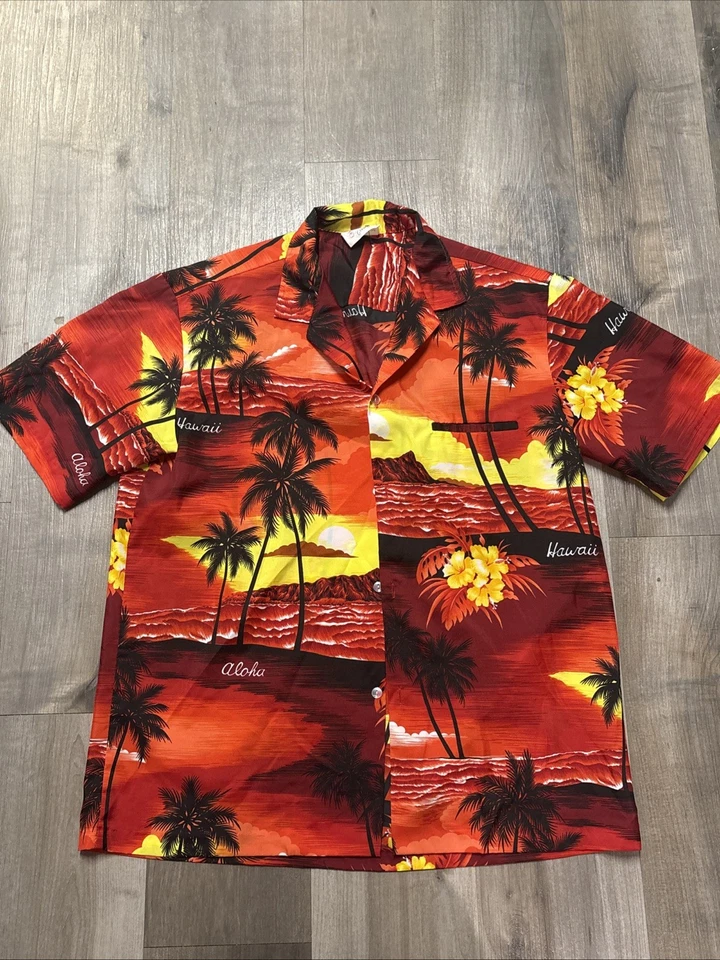 Camisa Hawaiana ROYAL CREATIONS Roja Amarilla Palmeras Grande Hecha en Hawai Foto 1 de 4