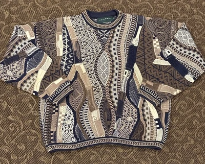 Suéter estilo Coogi vintage anos 90 Tundra Canadá malha 3D tamanho XL bege marrom azul🔥 - Imagem 1 de 4