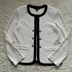 St. John Donna Knit Tweed Wool-Blend Jacket Luxury Chic White Navy Sz 14 - Picture 1 of 14