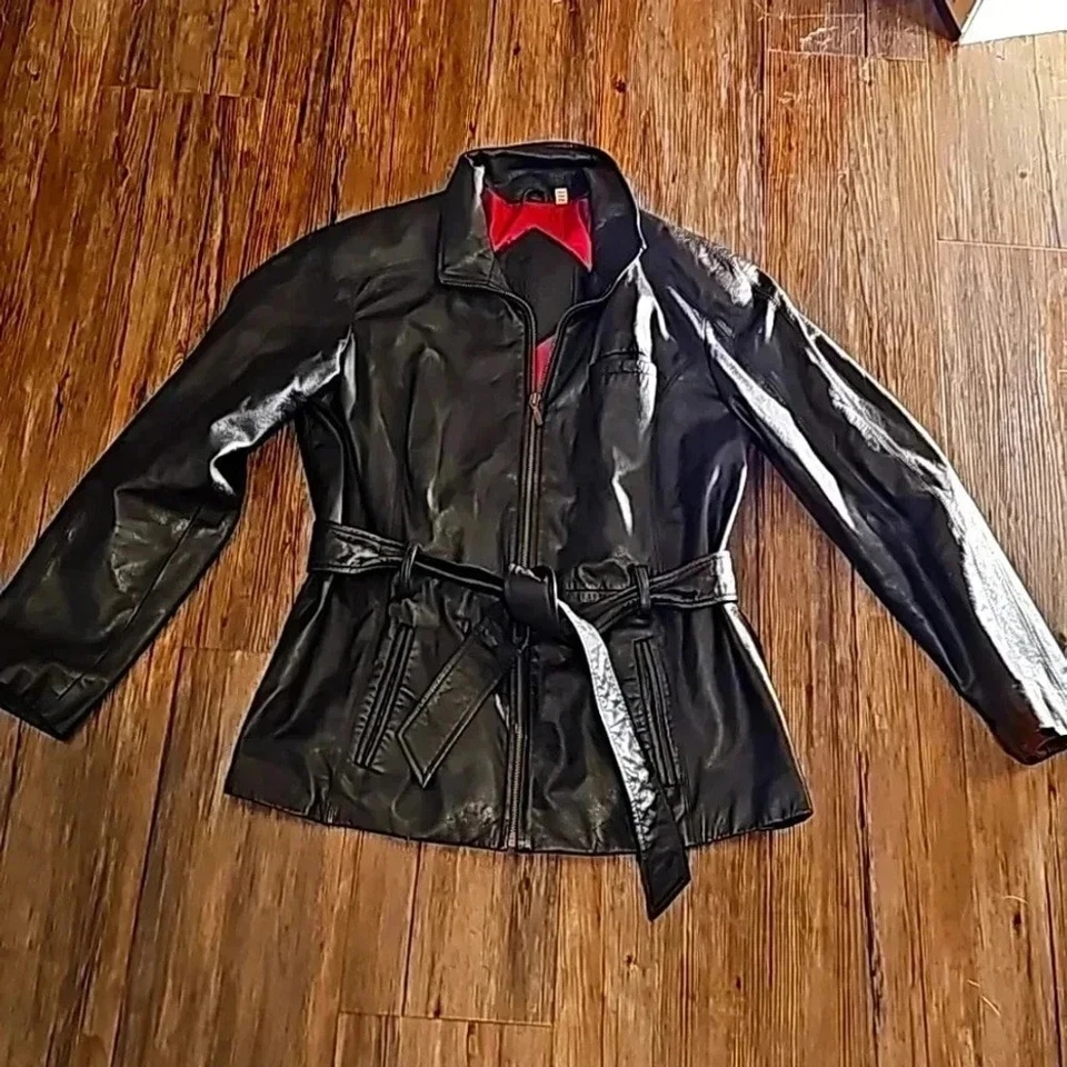 Womens Preston & York Black Leather Trench Moto Jacket Sz Petite Medium - Image 1 of 4