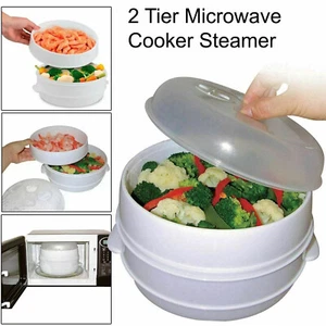 2 Tier Microwave Cooker Steamer Healthy Vegetables Rice Pasta Cooking Pot Pan - Picture 1 of 8