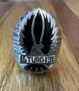 Vintage 1987 G&S Silver Tone Black Sturgis Biker Ring Size 12 - Picture 1 of 7