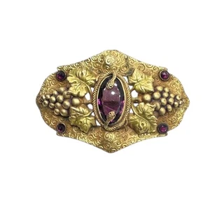 Antique Victorian Sash Pin Brooch Art Nouveau Snakes Grape Leaves Amethyst Glass - Picture 1 of 4