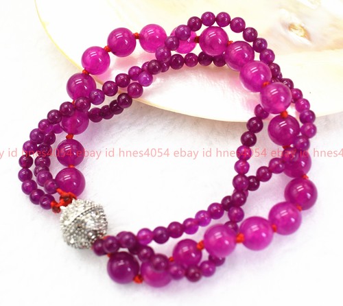 VALENTINO Braccialetto Perline Rotonde Fatto a Mano Naturale 3 Righe 4mm & 8mm Gemme Rosa Rossa 7 5 pollici