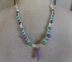 Amethyst Double Terminated Point Adjustable Hemp Necklace Amazonite Beads Pearls - Picture 1 of 8