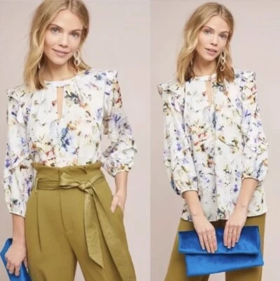 Nuevo con etiquetas Top Anthropologie Dolan Acuarela Floral Volantes Satinado XS S Fluido Preppy Foto 1 de 4