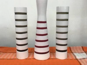 VINTAGE Polish Art Glass Vases - Cased & Hand Cut - White Stripe Bands - x 3 - Picture 1 of 4