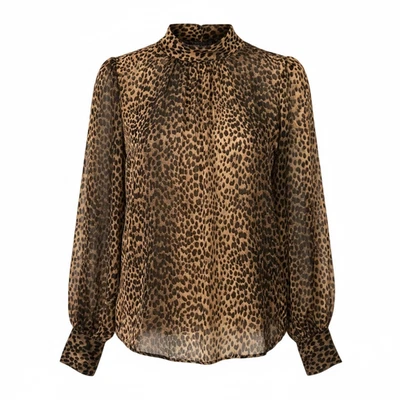 Blusa Camisa H&M Para Mujer Estampado Leopardo Manga Larga Talla 6 Cuello Alto Botón Dorado Foto 1 de 4