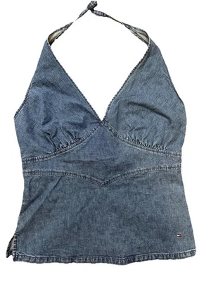 Tommy Hilfiger 2004 Y2K джинсовой ткани с бретелью через шею верхний размер 6 винтажный выходной топ женщин - Изображение 1 из 4