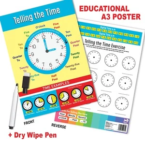 Tell The Time Wall Clock A3 Laminated Educational Poster with a Dry Wipe Pen - Picture 1 of 12