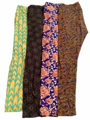 Lote de 4 pares de Leggings LuLaRoe Feminina Alta e Curvilínea Floral Penas Cintura Alta - Imagem 1 de 4