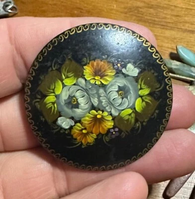 Antique Russian Lacquer Flowers Round Brooch Pin Made In Russia Signed 2" #A35 - Image 1 of 3