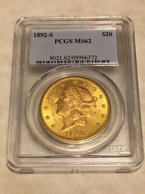 Moneda de oro Liberty Double Eagle 1892-S MS62 PCGS muy bonito atractivo Foto 1 de 2