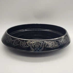 Art Deco Amethyst Black Glass Silver Overlay Bowl 12.5" ~ Marked Sterling - Picture 1 of 12