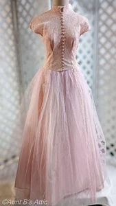 Pretty Pastel Pink Vintage 50's Lace & Tulle Formal/Wedding/Prom/Party Gown Sm - Picture 1 of 12