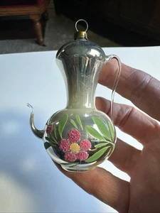 Teiera vintage addobbo natalizio vetro soffiato mercurio fiori rosa dipinta a mano - Foto 1 di 7