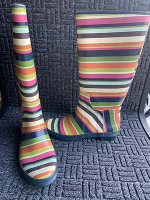 BOTAS DE LLUVIA COACH PAMMIE ICÓNICAS RARAS RAYAS LOGOTIPO MULTICOLOR TALLA US 8B Foto 1 de 4