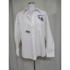 MICKEY MOUSE White Painting Embroidery Collared Shirt top blouse sz M - Picture 1 of 7