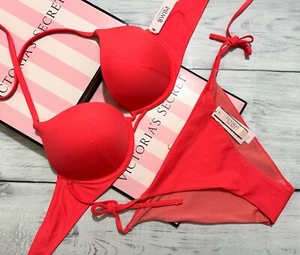 Victoria's Secret Swim Set Bombshell Add-2-Cups Push Up Side Tie Bikini Coral - Picture 1 of 4