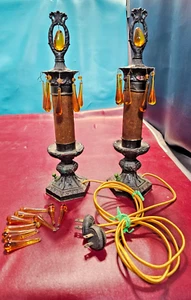Antikes Paar Boudoir- oder Akzentlampen mit Glimmerschirmen Bernstein Prismen neu verkabelt - Bild 1 von 24