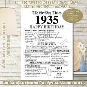 1935 90th back in Birthday Personalised UK Fact Newspaper GIFT memory poster 71 - Picture 1 of 9