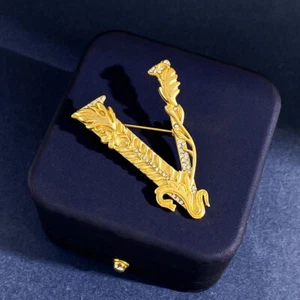 Matte Gold V-shaped Brooch Vintage Pin Suit Overcoat Accessory Luck Badge - Picture 1 of 5