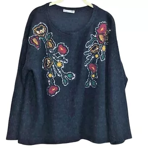 Zara Womens Sweater Large Ribbed Blue Heavy Knit Embroidered Sequined - Picture 1 of 7