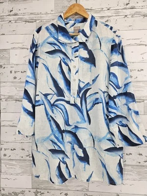 Blusa túnica Chicos 100 % lino azul blanco patrón de hojas para mujer 16/18 Foto 1 de 4