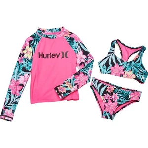 Hurley LIttle Girl's 4 Long Sleeve 3 Pc Bikini Rash Guard Tankini Swimsuit Pink - Picture 1 of 2