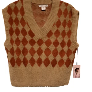 Sincerely Jules Womens Fuzzy Soft Sweater Vest Size XS Tan Brown Argyle - Picture 1 of 6