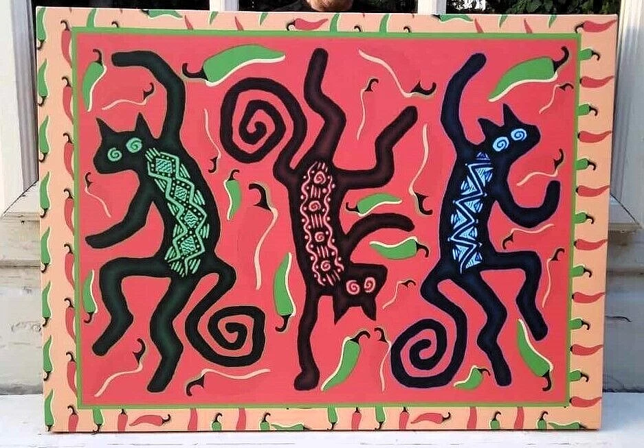 DIVERTIDA Impresión Artística Original Envoltura Lienzo Giclee Bailando Pimientos Gatos Foto 1 de 4