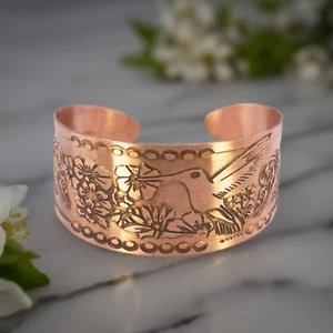 Solid Copper Hummingbird Cuff Bracelet with Antique Patina - Picture 1 of 8