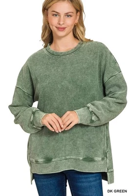 Zenana Acid Washed Double Ribbed Round Neck Tunic Sweatshirt in Dark Green - Image 1 of 2
