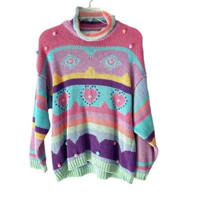 Suéter Reference Point Vintage Mock Neck Stripe Coração Pom Pom tamanho grande algodão - Imagem 1 de 4