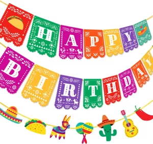 Fiesta Happy Birthday Banner 2Pcs Mexican Fiesta Pinata Banner Garland for Cinco - Picture 1 of 12