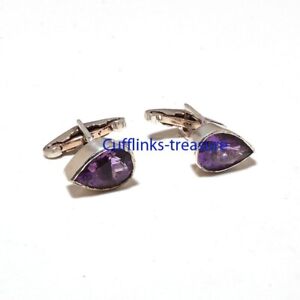 Natural Amethyst Gemstones with 925 Sterling Silver Cufflinks For Men's #4044