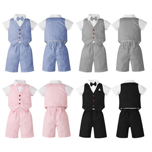 Baby Boys Summer Formal Clothes Suit Gentleman Vest Bowtie Top Shorts Party - Picture 1 of 48