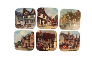 Vintage Colorful Coasters Old English Scenes Cork Back Set of 6 - Picture 1 of 8