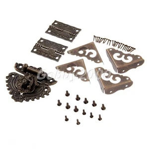 Vintage Carved Cabinet Box Latch Hasp & Hinges & Corner Protectors Guards Set HQ - Picture 1 of 12