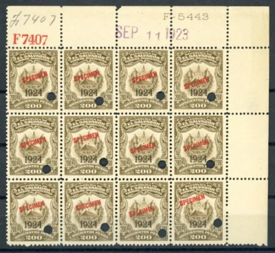 EL SALVADOR Revenue 200p ABNCo *F7407* SPECIMEN 1923 Corner Block{12} MNH ZU38 - Image 1 of 4
