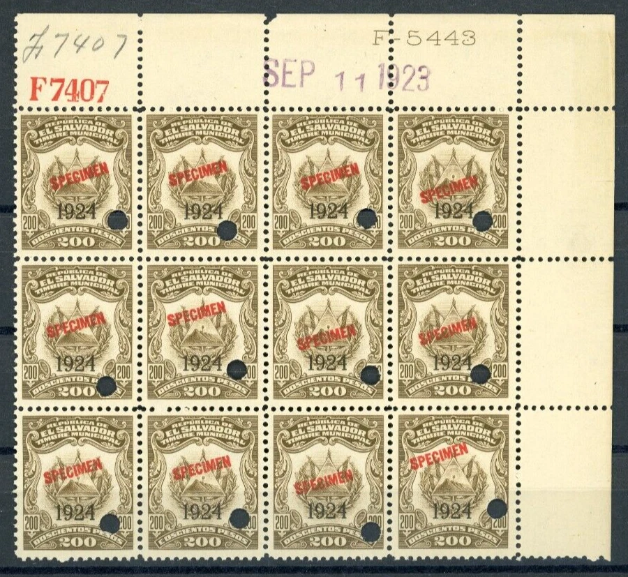 EL SALVADOR Revenue 200p ABNCo *F7407* SPECIMEN 1923 Corner Block{12} MNH ZU38 - Image 1 of 4
