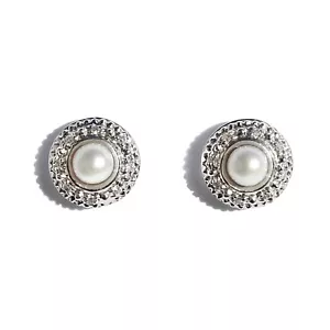 Genuine Pearl & Diamond 14K White Gold Stud Earrings Round Halo Studs Estate - Picture 1 of 7