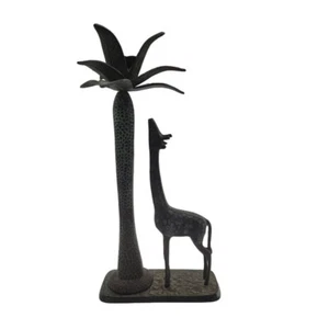 Vintage 15" Heavy Hammered Metal Giraffe Palm Tree Candlestick Holder - Picture 1 of 8