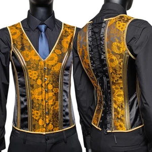 Men Tummy Corset Vest Waist Trainer Lace Up Bone Vintage Waistcoat Stage Costume - Picture 1 of 14