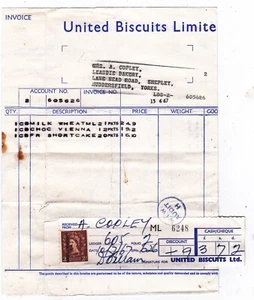SICUREZZA COMMERCIALE SOVRASTAMPA BISCOTTI UNITI RICEVUTA ENTRATE FISCALI ANNI 60 FATTURA - Foto 1 di 3